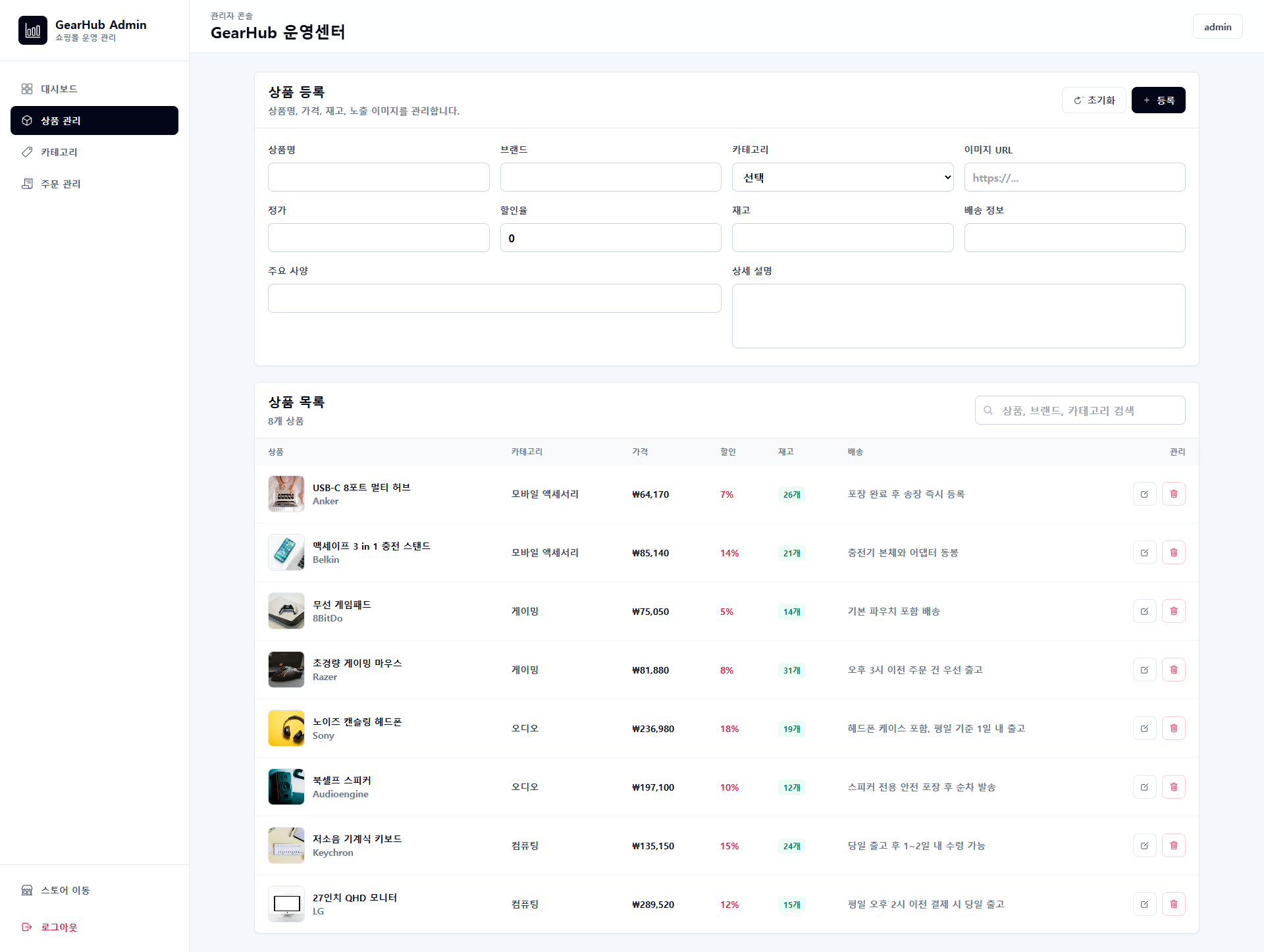 GearHub 관리자 상품 관리